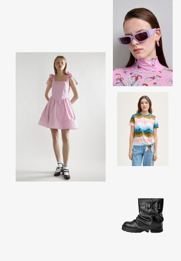 Monivärinen, sidottava T-paita, jossa on graadiantin kuvio pinkin, sinisen ja vihreän sävyissä. Lyhyet hihat ja pyöreä pääntie. Puuvillasekoitekangas.; Vaaleanpunainen puuvillamekko neliön muotoisella pääntiellä, laskostetulla hameella ja solmittavilla olkaimilla. Yhdistetty mustiin Mary Jane -kengiin ja valkoisiin frillireunaisiin sukkiin.; Mustat nahka nilkkurit, joissa on pussimainen muotoilu, nelikulmainen kärki ja sivuistukko. Paksu pohja lisää korkeutta ja vakautta.; Violetti suorakulmaiset aurinkolasit tummilla laseilla, joita käytetään ruusu- ja kirkkaanvärisen kukkakuosiset poolopaidan kanssa.; Vaalea vaaleanpunainen lakattu nahkakäsilaukku, jossa on suorakulmainen muoto, irrotettava ketjun olkaimet ja hopeiset yksityiskohdat edessä.