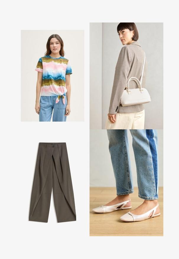Višebojni T-shirt s vezanjem sprijeda, s gradijentnim uzorkom u ružičastim, plavim i zelenim nijansama. Kratki rukavi i okrugli izrez. Mješavina pamuka.; Hlače širokog kroja izrađene od teksturirane tamnosive tkanine. Imaju prednji plis, kopčanje na gumb i bočne džepove za praktičnost.; Svijetlo ružičaste slingback balerinke s šiljastim vrhom, izrađene od glatkog materijala nalik koži. Sadrže izrezane detalje sa strane i ravnu petu.; Bijela strukturna torba s kratkim ručkama i remenom za rame, s zlatnim metalnim detaljima i teksturiranim materijalom, prikazana na sivoj pozadini.