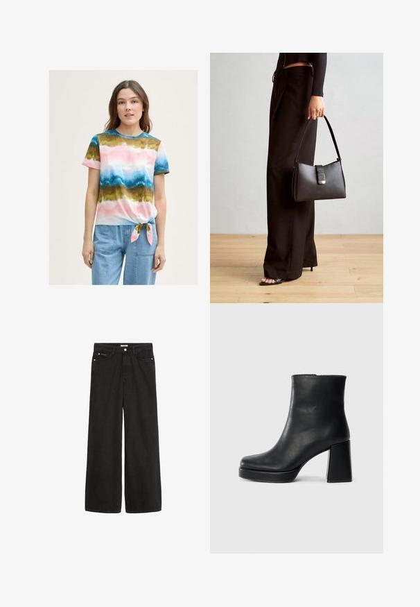 Camiseta de algodón con lazo delantero en varios colores y un patrón degradado en tonos de rosa, azul y verde. Manga corta y escote redondo.; Jeans de mezclilla negra de pierna ancha con una cintura alta. Cuenta con cinco bolsillos, herrajes metálicos y un acabado limpio. La textura es suave y lisa.; Botín de cuero negro con tacón cuadrado y suela de plataforma, visto de lado sobre un fondo blanco liso.; Bolso negro con forma estructurada, textura suave y un cierre metálico. Combinado con pantalones anchos negros y sandalias de dedo en un suelo de madera.