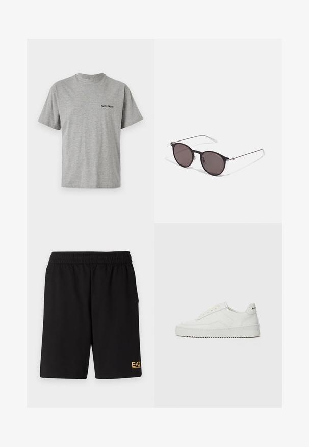 Szürke, rövid ujjú póló, pamut keverékből készült, kerek nyakkivágással és fekete "No Problemo" felirattal a mellrészen.; Fekete sportnadrág puha anyagból, rugalmas derékkal és egy kis sárga EA7 logóval a bal alsó lábszáron.; Fehér bőr sportcipő sima felülettel, kerek orral, lapos fűzőkkel és texturált talppal. Finom logó található a sarokon.; Fekete kerek napszemüveg sötét lencsékkel és karcsú fém szárakkal. Átlátszó szárvégeket és ezüst részleteket tartalmaz az ívnél. Minimalista dizájn.
