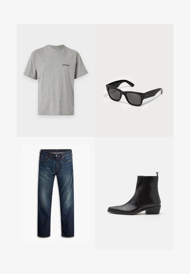 Grijze korte mouwen t-shirt van een katoenmix, met een ronde halslijn en zwarte "No Problemo" tekst die op de voorkant is gedrukt.; Donkerblauwe denim jeans met lichte vervaging op de dijen, vijf-pocket ontwerp, knoopsluiting en zichtbare oranje stiksels op een witte achtergrond.; Zign LEATHER - Cowboy-/Bikerlaarsjes - black; Zwarte zonnebril met een vierkant montuur, voorzien van donkere lenzen. Aangevuld met kleine gouden stippen en een gouden logo op de poot. Soepele textuur.