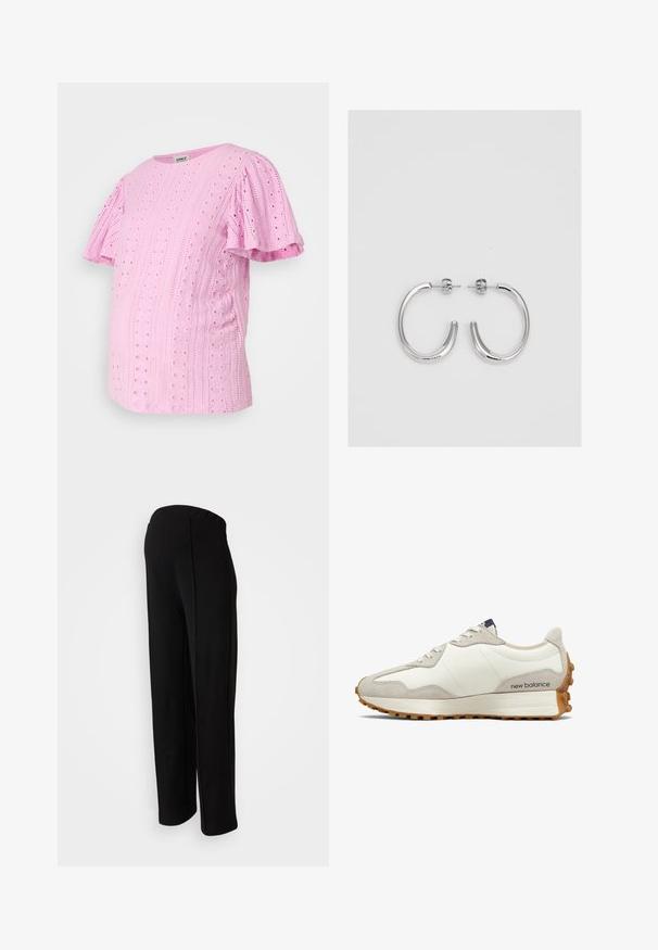 Svijetlopinkasta majica za trudnice kratkih rukava s teksturiranim čipkastim uzorkom, okruglim izrezom i volanima na rukavima. Mekani materijal s suptilnim uzorcima.; Crne, hlače visokog struka ravnog kroja, s glatkom teksturom i bez vidljivih zatvarača, naglašene detaljima na bočnim šavovima.; Bijela i bež tenisica s gornjim dijelom od glatke kože i aplikacijama od brušene kože. Ima okrugle vezice, jastučićasti potplat i teksturiranu gumenu potplatu.; Srebrne naušnice u obliku obruča sa glatkom, sjajnom površinom, zakrivljenog oblika i zatvaranjem na čep. Minimalistički dizajn s modernim završetkom.