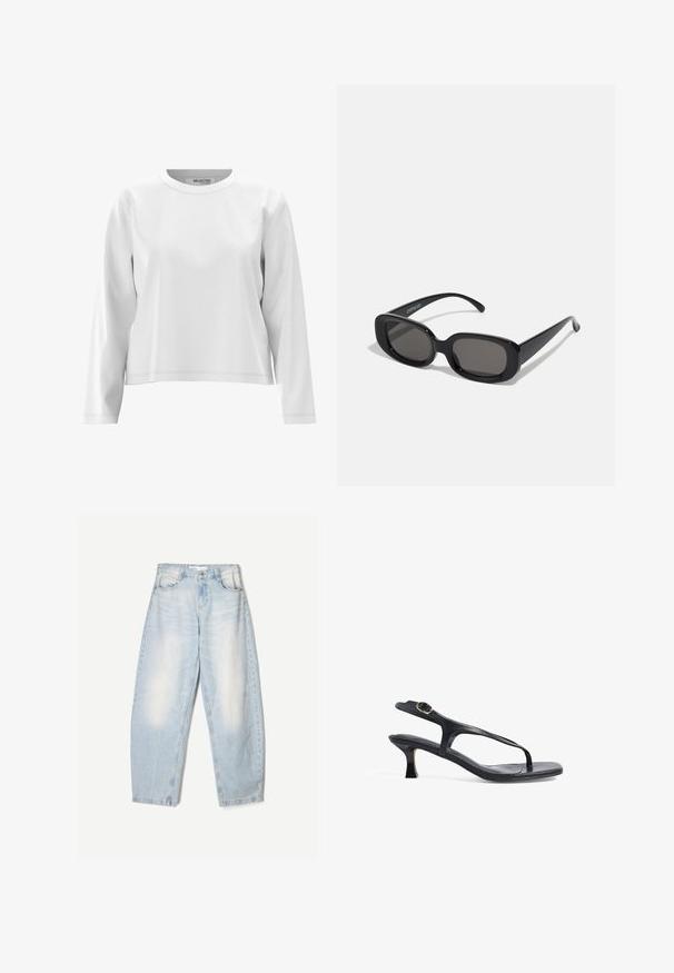 Maglietta bianca a maniche lunghe con scollatura rotonda, realizzata in tessuto morbido, con dettagli di cucitura minimal e una vestibilità rilassata.; Jeans in denim azzurro chiaro con una vestibilità ampia, caratterizzati da una finitura sbiadita, due tasche frontali e una chiusura con bottone in vita.; Sandal in pelle nera con design sottile, cinghie sottili e un tacco piccolo. Presenta un accento con fibbia e una soletta liscia e texturizzata.; Occhiali da sole neri rettangolari con lenti scure. Montatura in plastica spessa, texture liscia e bordi arrotondati. Le tempie eleganti si estendono verso l'esterno.; Borsa a mano in pelle nera con una texture liscia, design strutturato, doppi manici e un dettaglio clasp in argento al centro.