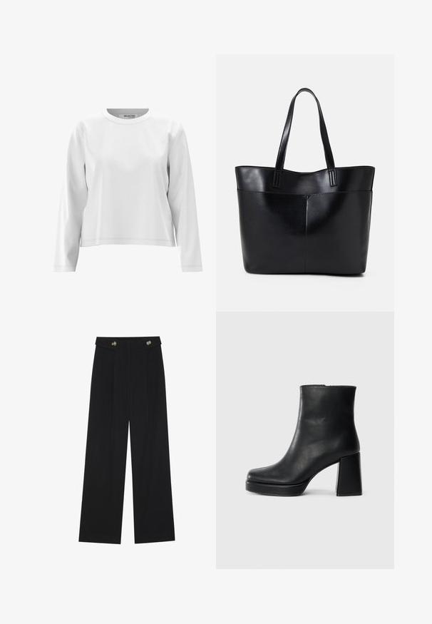White long-sleeve top with a round neckline, made from soft fabric, featuring minimal stitching details and a relaxed fit.; Black wide-leg trousers with high waist, button details on waistband, and front pleats.; Black leather ankle boot with a block heel and platform sole, viewed from the side on a plain white background.; Black leather tote bag with two long handles, a smooth texture, and a structured shape. Features a front pocket for additional storage.