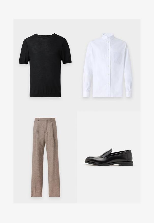 Černé tričko s krátkým rukávem, vyrobené z lehkého a hladkého materiálu, s kulatým výstřihem a jednoduchým, nezdobeným designem.; Bílá dlouhá košile s knoflíky vyrobená z bavlny, která má náprsní kapsu s tónovanou výšivkou, límec a knoflíkové manžety.; Hnědé kalhoty s vysokým pasem vyrobené z texturované látky. Mají široké nohavice a dva přední sklady pro strukturu. Úhledné provedení bez viditelné kovových částí.; Černé kožené polobotky s hladkou texturou, zaoblenou špičkou a zdobným páskem přes nárt. Nízký stohovaný podpatek, minimalistický design.