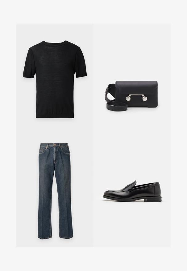 Black short-sleeve t-shirt in a lightweight, smooth texture with a round neckline and a simple, unembellished design.; Dark blue straight-leg denim jeans with front button, zip fly, double front pockets, and visible vertical creases down the legs.; Black leather loafers with a smooth texture, rounded toe, and a decorative strap across the vamp. Low stacked heel, minimalist design.; Black leather crossbody bag with a flap closure, silver-tone hardware, and two round accents. Features a detachable strap. Smooth texture.