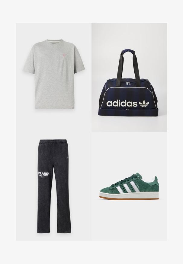 Šedé bavlněné tričko s krátkým rukávem; má malé červené trojúhelníkové logo na levé straně hrudi; klasický kulatý výstřih; hladká textura.; Černé tepláky z měkké látky, s elastickým pasem a bílým potiskem loga: "McLAREN FORMULA 1 TEAM" na nohavici.; Zelené semišové tenisky s bílými koženými pruhy, gumovou podrážkou, polstrovaným límcem a minimalistickým designem. Na boku se nachází logo značky.; Námořnická taška typu duffel s bílým logem Adidas, vybavená zipovým uzávěrem, dvěma pevnými černými madly a bočními síťovanými kapsami. Hladká textilie.