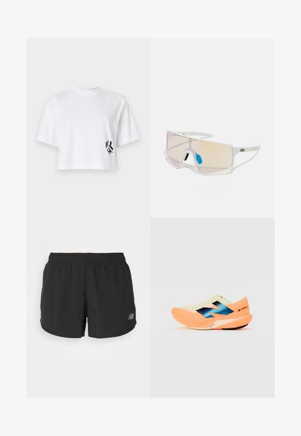 White cropped t-shirt made of cotton featuring short sleeves and a black logo design on the left side. Simple round neckline.; Black athletic shorts with an elastic waistband, made of lightweight fabric. Features a small gray logo on the lower right side.; Running shoe with a lightweight cream upper, blue branding, and orange accents on the sole. Mesh texture for breathability.; White-framed sunglasses with large, gradient lenses featuring a pink to light orange tint, accentuated by a blue nose piece and logo detail.