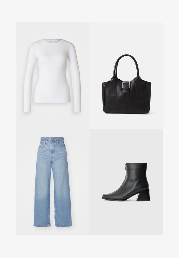 Cămașă albă cu mâneci lungi, confecționată dintr-un material cu dungi, având un decolteu rotund și o formă ajustată. Nu are modele sau accente.; Jeans cu talie înaltă, de culoare albastru deschis, cu croială largă, dotate cu nasture și fermoar la față, buzunare în față și spate, pe un fundal alb.; Botină neagră din piele, cu vârf pătrat, fermoar pe lateral și toc bloc, pe un fundal simplu deschis.; Geantă tote din piele neagră cu textură netedă, formă structurată, două mânere și un detaliu proeminent din aliaj de argint pe partea din față.