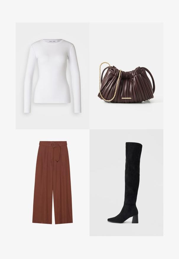 Biała bluzka z długim rękawem, wykonana z prążkowanej tkaniny, z okrągłym dekoltem i dopasowanym krojem. Brak wzorów lub akcentów.; Spodnie o szerokich nogawkach w brązowym materiale, z paskiem z kwadratową klamrą, plisowanym wzorem i gładką teksturą.; Czarne zamszowe botki do kolan na kwadratowym obcasie, z wydłużonym noskiem i gładkim, bezszwowym wzorem na jednolitym jasnym tle.; Bordowa plisowana torebka skórzana z złotym uchwytem w formie łańcuszka oraz małym prostokątnym akcentem ze sprzętem. Miękka tekstura, zaokrąglony kształt i elegancki design.