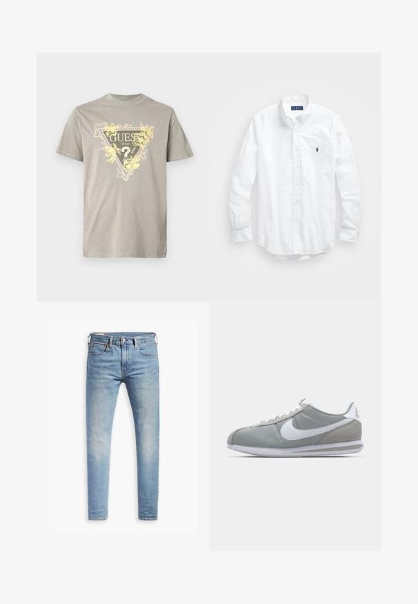 Szara bawełniana koszulka z trójkątnym nadrukiem "GUESS" oraz kwiatowymi akcentami w żółtym kolorze. Okrągły dekolt, krótkie rękawy i standardowy krój.; Biała, bawełniana koszula z długim rękawem zapinana na guziki. Posiada klasyczny kołnierzyk, mankiety zapinane na guziki oraz małe, granatowe, haftowane logo na klatce piersiowej.; Jasnoniebieskie, dopasowane dżinsy z lekkim przetarciem na udach, z zapięciem na guziki z przodu, pętelkami na pasek oraz pięcioma kieszeniami, na białym tle.; Szare buty sportowe z cholewką z zamszu i tekstyliów, białym logo Nike i białymi sznurówkami. Posiadają teksturowaną gumową podeszwę i wyściełany kołnierz.
