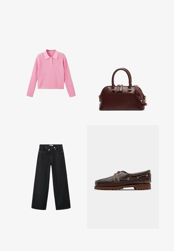 Vaaleanpunainen ribbineulepaita, jossa on pitkät hihat ja kauluksellinen pääntie. Kauluksessa on kolme nappia ja paita on lyhyt.; Mustat korkeavyötäröiset farkut, joissa on leveä lahje, viisi taskua ja hopeanväriset metalliosat etuosassa kiinnitystä varten.; Ruskeaharmaat nahkaiset venesandaalit kultaisilla silmärei'illä, pyöreällä nauhalla ja teksturoidulla ruskealla kumipohjalla. Sisältää kirjontayksityiskohtia ja kohotetun logon.; Burgundin väri nahkainen käsilaukku, jossa on kaksinkertaiset yläsangot, irrotettava olkahihna, kultaiset yksityiskohdat ja pyöreä muoto. Vetoketjukiinnitys.