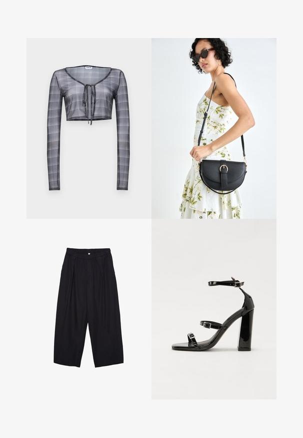 Kratka dolga majica iz prosojne sive tkanine s karirastim vzorcem, ki ima V-izrez in vezavo spredaj.; Črne poliesterske culotte hlače z elastičnim pasom, dvema sprednjima nabiranjema in ohlapnim krojem. Brez vidnih vzorcev ali kovinskih detajlov.; Črne lakirane sandale s peto, kvadratnim prstom, trakovi okrog gležnja in srebrnimi zaponkami. Opremljene so s stabilno Debelo peto.; Črna usnjena torbica s ukrivljeno obliko, z odstranljivo naramnico in zlatimi dodatki. Torbica ima pokrov s podrobnostmi v obliki zaponke.