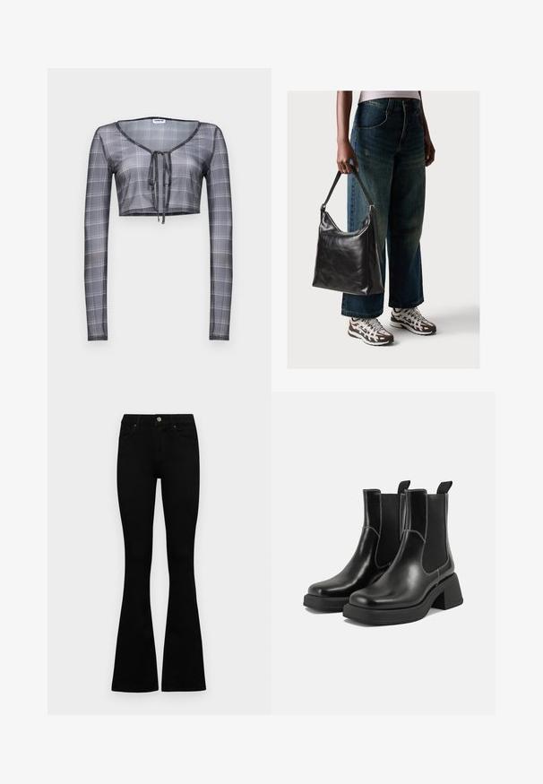 Kuttet langermet topp i gjennomsiktig grått stoff med rutemønster, med V-hals og snøring foran.; Sorte høytlivsjeans med knapp og glidelås, frontlommer og utsvingte bein liggende flatt på en hvit bakgrunn.; Sorte lær Chelsea støvler med en kraftig hæl, elastiske sidepaneler og kontrasterende hvid syning. Teksturert overflate.; Sort skinnveske med en glatt tekstur og justerbar stropp, kombinert med falmede vide jeans og atletiske sneakers.