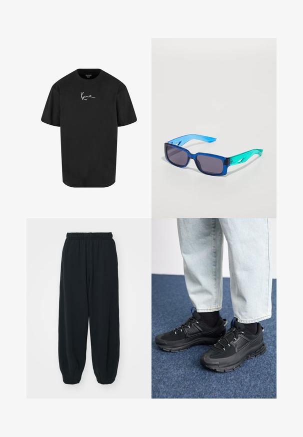 Svart bomulls t-shirt med kort ärm, rund halsringning och en vit signaturlogo tryckt på framsidan. Slät textur och avslappnad passform.; Svarta, elastiska sweatpants med lös passform, mudd vid anklarna, slät textur och utan synliga mönster eller detaljer i metall.; Svarta sportskor med texturerat tyg och gummisulor, med elastiska snörningar och en blå detalj på hälen. Bärs med ljusa jeans.; Blåa och gröna solglasögon med rektangulära linser; genomskinliga bågar; texturerade blåa skalmar; mörka linser; märkbar branding på sidan.
