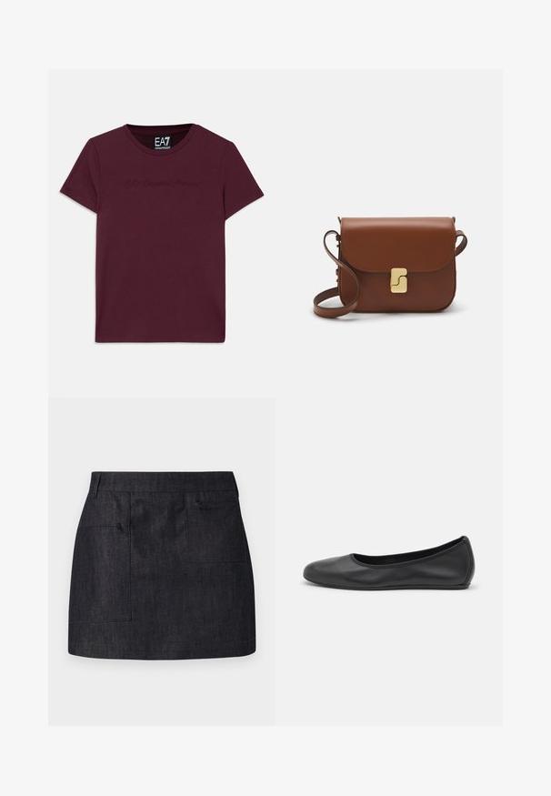 Bordo kokvilnas T-krekls ar īsām piedurknēm, apaļu kakla izgriezumu un izšūtu EA7 Emporio Armani logotipu uz priekšpuses. Klasiska piegriezuma.; Tumša džinsa svārki ar taisnu griezumu, piedāvājot divas priekšējās kabatas un smalku tekstūru. Tīrs apakšmalas dizains un standarta josta.; Melna ādas baleta kurpe ar noapaļotu purngalu, gludu tekstūru, minimālu šuvju detalizāciju un elastīgu zoles dizainu.; Bordo ādas rokas soma ar atloku, zeltītām detaļām, plecu siksnu un gludu virsmu. Kompakta, taisnstūrveida forma.