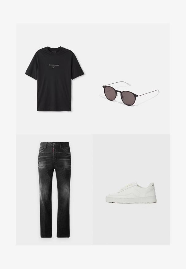 T-shirt de algodão preta com mangas curtas, apresentando um decote redondo e um logótipo em relevo no peito. Textura suave e ajuste padrão.; Jeans de denim preto com um corte reto. Apresentam áreas desbotadas, ligeira degradação, design clássico de cinco bolsos e um fecho de botão.; Sapatilha de couro branco com acabamento suave, bico redondo, atacadores planos e uma sola texturizada. Apresenta um logotipo discreto no calcanhar.; Óculos de sol redondos pretos com lentes escuras e hastes metálicas finas. Inclui pontas de templo transparentes e detalhes em prata na dobradiça. Design minimalista.