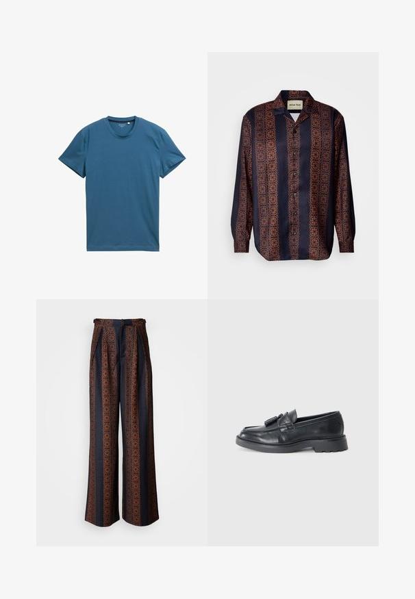 Tricou cu mânecă scurtă în nuanță de teal închis, fabricat din bumbac moale. Prezintă un decolteu rotund și o textură netedă, uniformă, cu detalii simple de coasere.; Cămașă închisă la culoare, cu butoni, decorată cu un model geometric floral în nuanțe de portocaliu. Are guler și mâneci lungi cu manșete cu butoni.; Pantaloni cu picioare largi dintr-un material albastru închis, având un model geometric complicat în nuanțe de portocaliu, cu un front plisat și un talie ajustată.; Loafers din piele neagră, cu vârful rotund, o curea cu bentițe și o talpă groasă cu un model de profil. Textură netedă și design clasic.