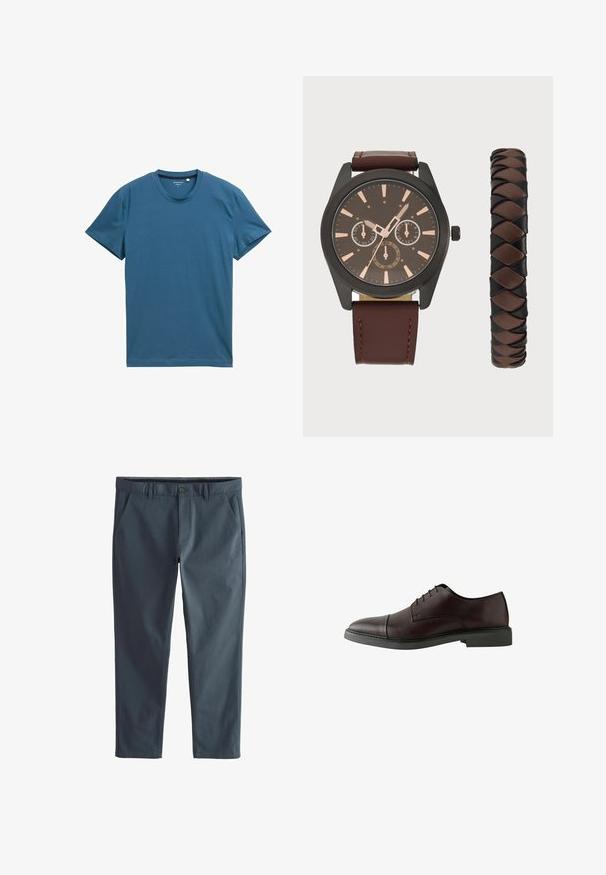 Kortærmet t-shirt i dyb teal, lavet af blød bomuld. Har en rund halsudskæring og en glat, jævn tekstur med enkle syninger.; Buks i en bomuldsblanding i mørkegrå, med flad front, to sidelommer og gylp med knaplukning. Glat tekstur og tætsiddende pasform.; Mørk bordeaux læder snøresko med en rund tå, flad sort sål, minimal syninger og glat overflade.; Pier One SET - Ure - black/brown