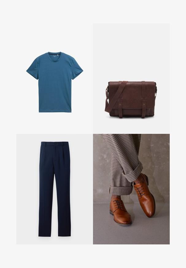 Kortærmet t-shirt i dyb teal, lavet af blød bomuld. Har en rund halsudskæring og en glat, jævn tekstur med enkle syninger.; Mørkeblå bukser lavet af glat stof, med en enkelt knaplukning, læg og lige ben. Minimalistisk design uden bemærkelsesværdige mønstre.; Brune lædersko har en rund tå, fem hoveder til snørebånd og kontrasterende mørke snørebånd. Bukserne er ternede og opsmøgede ved hængslerne.; Brun læder buddeltaske med en flad frontklap, to remme, guld hardware detaljer og en justerbar skulderrem.