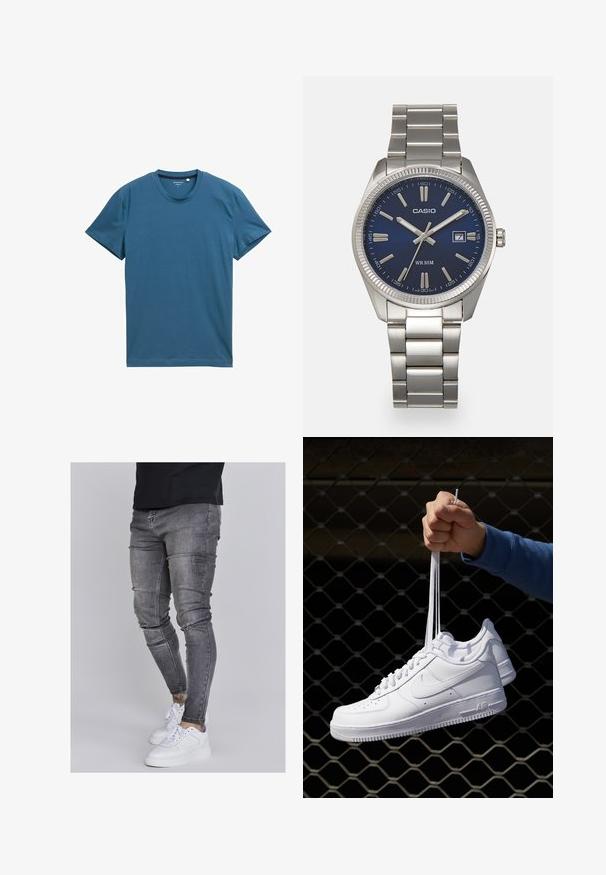 Korte mouw t-shirt in diep teal, gemaakt van zachte katoen. Heeft een ronde halslijn en een gladde, gelijkmatige textuur met eenvoudige stikdetails.; Skinny jeans in vervaagd grijs denim, met versleten details op de knieën, gecombineerd met witte sneakers. Gladde textuur, slank model.; Witte leren sneakers met perforaties, ronde neus, vlakke zool en dikke veters, met een zichtbare swoosh-logo en "AIR" op de hiel.; Zilveren roestvrijstalen horloge met een marineblauwe wijzerplaat, metalen uurmarkeringen en een datumnis op 3 uur. Waterbestendig tot 50 meter.