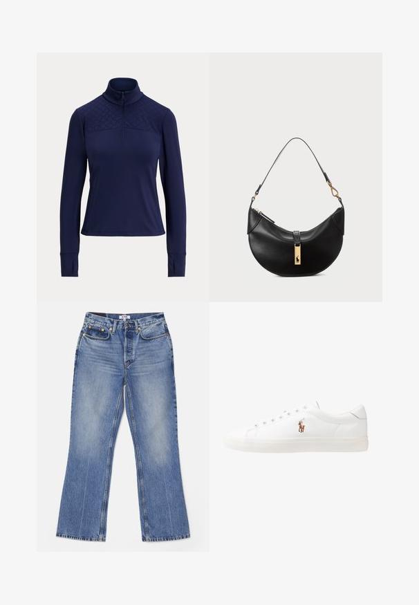 Ναυτική μακρυμάνικη μπλούζα με υψηλό γιακά, φερμουάρ μέχρι το 1/4 και διάτρητο σχέδιο στους ώμους. Απαλή ύφανση με τρύπες για τους αντίχειρες στα μανίκια.; RE/DONE LOOSE - Τζιν Bootcut - hacienda; Λευκά δερμάτινα sneakers, χαμηλού σχεδιασμού, με απαλή υφή, στρογγυλή μύτη, δέσιμο μπροστά και μικρό κεντημένο λογότυπο στο πλάι.; Μαύρη δερμάτινη τσάντα χειρός σε σχήμα μισού φεγγαριού. Διαθέτει χρυσή μεταλλική λεπτομέρεια και στενό λουρί. Απαλή υφή, κλείσιμο με φερμουάρ στην κορυφή.