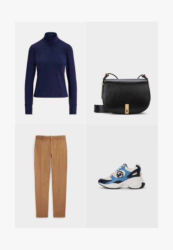 Granatowy, długi rękaw, sweter z wysokim kołnierzem, ćwierć zamkiem błyskawicznym i perforowanym wzorem na ramionach. Gładki materiał z otworami na kciuki przy mankietach.; Brązowe bawełniane spodnie w fasonie slim-fit, z płaskim przodem i standardowymi kieszeniami; gładka tekstura i podwinięte mankiety.; Białe, granatowe i jasnoniebieskie zamszowe sneakersy z grubą podeszwą i okrągłym haftowanym logo z boku.; Czarna skórzana torba na ramię z metalowym akcentem w złotym odcieniu i regulowanym paskiem, charakteryzująca się gładką teksturą i zaokrąglonym kształtem.