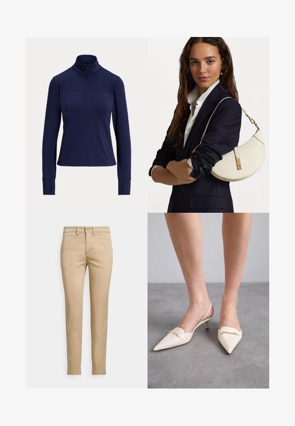 Morska plava majica s dugim rukavima, visokim ovratnikom, četvrtastim patentnim zatvaračem i perforiranim dizajnom na ramenima. Glatka tkanina s otvorima za palčeve na manžetama.; Bež bombažne hlače chino s talično krojem, z zapiranjem na gumb, sprednjimi žepi in šivanimi detajli vzdolž šivov.; Kremne barve slingback pete z ostrim nosom in ozkim srednjim peto, ki jih krasi zlat verižni naglas na vampu in gladka usnjena tekstura.; Bela usnjena torbica s ukrivljeno obliko, z zlatimi dodatki in teksturirano površino, nošena čez temen blazer in belo srajco.