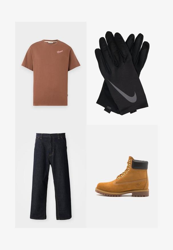T-shirt castanho de manga curta com decote redondo, apresentando o logótipo "Pompeii" em script branco no canto superior esquerdo do peito.; Calças de ganga azul-escuro com um design de perna reta, apresentando costuras amarelas, bolsos frontais e um fecho de botão na cintura.; Botim de tornozelo em camurça bege com colarinho acolchoado preto, ilhós de metal dourado, detalhes de costura branca e sola de borracha robusta com sulcos pronunciados.; Luvas Nike pretas com um acabamento de tecido suave, apresentando um logo swoosh cinza e uma aderência texturizada na palma e dedos.