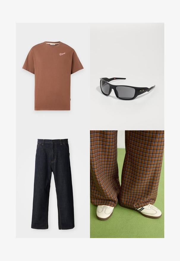 Ruskoinen lyhythihainen crewneck-t-paita, jossa on valkoisella skriptillä "Pompeii"-logo vasemmassa ylärinnassa.; Tummansiniset farkut, joissa on suora lahjetyyli. Niissä on keltaista ommelta, etutaskut ja nappisuljenta vyötäröllä.; Ruskonsin ja sininen ruutukuvioinen leveälahkeinen housut yhdistettynä valkoisiin kenkiin, joissa on mustia yksityiskohtia ja tekstuuripohjat, vihreää taustaa vasten.; Mustat aurinkolasit, joissa on suorakulmainen muoto, valmistettu kestävästä muovista, harmailla tummennetuilla linsseillä ja kultaisella yksityiskohdalla sivussa.
