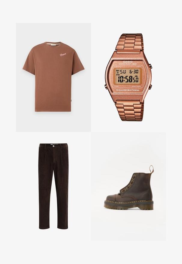 Brun kortermet T-skjorte med rund hals og "Pompeii"-logo i hvit skrift på venstre øvre bryst.; Redefined Rebel JOHN COMFORT FIT - Bukse - demitasse; Brune lær ankle støvler med rund tå, kontrasterende gul sting, dekorative metal øsinger og en ribbet gummisål.; Digital Casio klokke med en roségull metallrem, rektangulært hus, belyst skjerm og vannmotstand, som viser tid og dato.