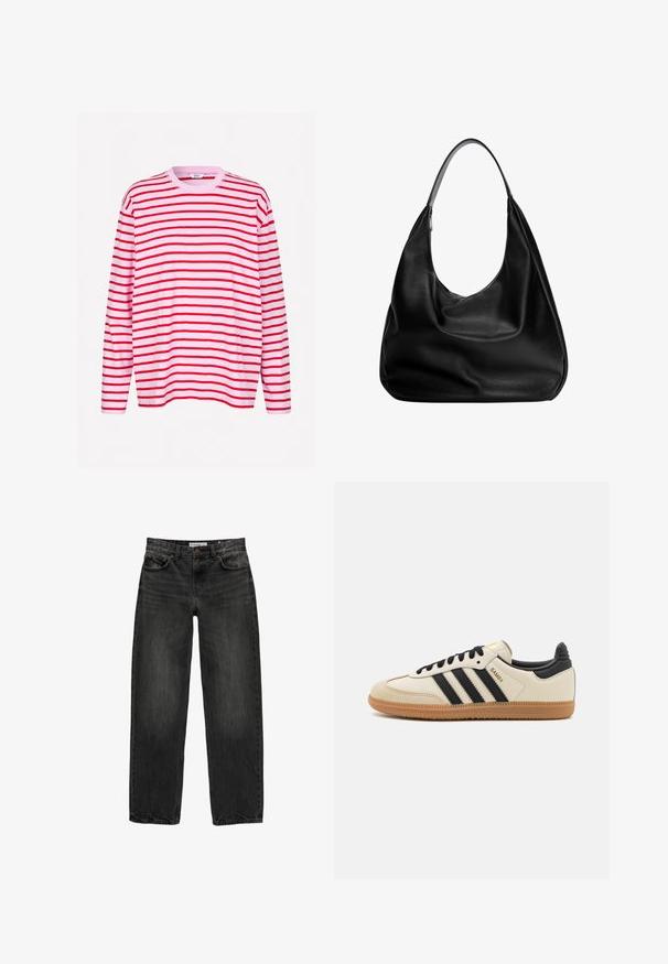 Envii KULLA - Top s dlhým rukávom - pirouette/salsa; Čierne džíny z denimu s uvoľneným strihom, rovnými nohavicami, piatimi vreckami a mierne vyblednutou textúrou. Zapínanie na gombík a zips v prednej časti.; Béžová športová obuv s čiernymi pruhmi, gumovou podošvou a čiernymi akcentami. Má hladký kožený zvršok a zaoblený dizajn prstov.; Čierna kožená hobo taška s uvoľneným dizajnom, širokým ramenným popruhom a hladkým povrchom. Obsahuje jedno zipsové uzatváranie na boku.