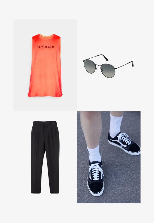 Ærmeløs atletisk top i gradient rød og orange, med et sort "HYROX" logo på brystet. Fremstillet af glat stof med en afslappet pasform.; Sorte bukser med plisseret frontdesign, lavet af glat stof. Har knaplukning og bæltestropper; lige pasform.; Sorte ruskinds sneakers med hvide accenter og snørebånd, parret med hvide ribbede ankelstrømper, placeret på en struktureret grå overflade.; Sorte metal solbriller med runde gradient linser, udstyret med tynde stænger og klare næsepuder for en behagelig pasform.