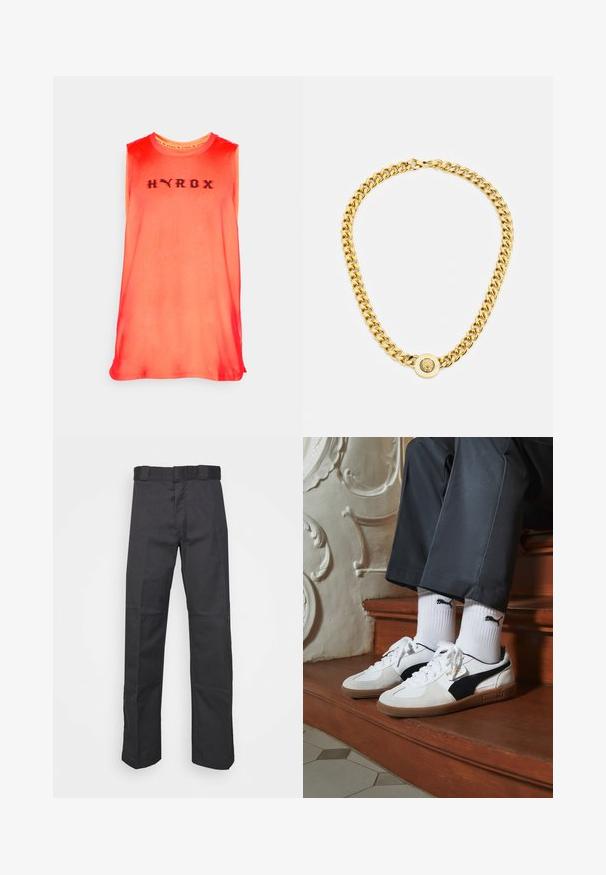 Top desportivo sem mangas em degradê vermelho e laranja, com o logótipo preto "HYROX" no peito. Feito de tecido suave com um corte relaxado.; Calças pretas feitas de um tecido resistente, com um design de perna reta, uma cintura com passantes para cinto e costuras para adicionar textura.; Ténis Puma em camurça branca e preta, com uma sola de borracha castanha. Combinados com meias brancas exibindo um logótipo preto, usados com calças escuras.; Colar de corrente de ouro com grandes elos interligados, apresentando um detalhe em forma de pêndulo circular no centro com um emblema saliente.