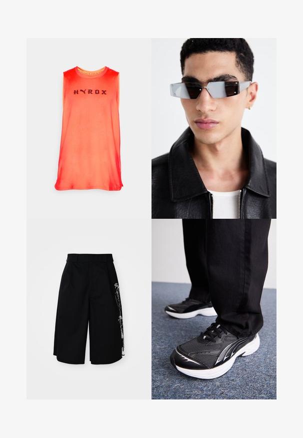 Õlavarreta sportlik särk, millel on gradiendi punane ja oranž värv, ning must "HYROX" logo rinna kohal. Valmistatud siledast kangast, millel on mugav lõige.; Mustmustest mustrüüd, mis sisaldavad lõdva lõikega sirgeid jalgu ning ainulaadset valget graafikaprinti ühel küljel. Kaks vöölõngast vöökoha juures.; Mustad mustavid jalatsid, millel on võrgusilmast pealistus, valge tald ja mustad aktsendid. Tallal on tekstuur. Kandmine mustade pükste ja sinise vaipkattega pinnal.; Angular hallikatega tumedad prillid hõbedaste detailidega, heleda tausta ees. Prilliklaasid omavad ainulaadset geomeetrilist kuju.