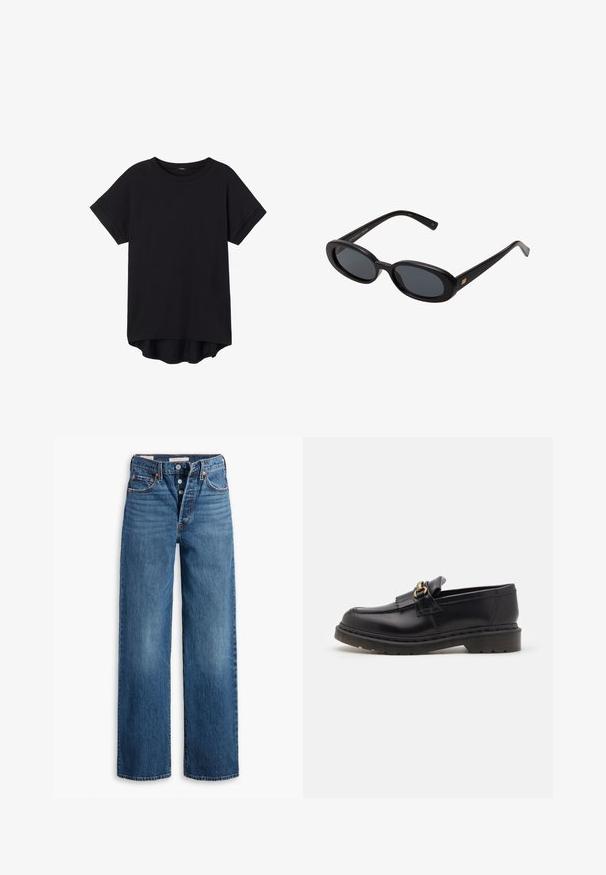 T-shirt nera a maniche corte, realizzata in tessuto morbido, con scollo rotondo, polsini arrotolati e orlo posteriore leggermente allungato.; Jeans in denim blu con un design a gamba larga, cinque tasche, chiusura con bottoni e cuciture a contrasto. Tessuto testurizzato con una finitura sbiadita.; Mocassini in pelle nera con punta tonda, frange decorative e dettagli in oro. Suola in gomma spessa per maggiore aderenza e durata.; Occhiali da sole neri oversize con lenti ovali, montatura in plastica liscia e accenti dorati sulle tempie. Le lenti scure offrono protezione dal sole.
