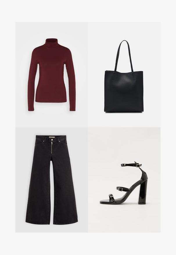 Pieces PCSIRENE ROLLNECK - Pitkähihainen paita - tawny port; Mustat leveälahkeiset farkut, joissa on vetoketjufrunti, viisi-taskuinen muotoilu ja hienovaraiset ompelusyyt. Sileä pinta ja rento tyyli.; Musta kiiltävä korkokenkä sandaalit neliönmuotoisella varpaalla, nilkkaremmillä ja hopeisilla soljilla. Varustettu tukevalla lohkokorkealla vakauden takaamiseksi.; Mustapahkainen kangaskassi, jossa on sileä pinta, suorakaiteen muotoinen ja kaksi pitkää kahvaa. Ei näkyvää metalliosaa tai koristeita.