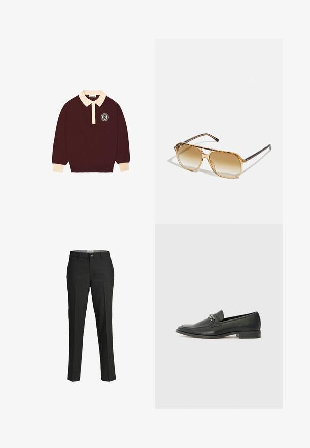 Cămașă polo lungă maroon cu guler și manșete crem, placket cu nasturi și logo circular "Prohibited Berlin" pe pieptul stâng.; Pantaloni negri, croi ajustat, material neted, talie medie, închidere frontală cu nasture, buzunare diagonale și detalii cu pliuri pe picioare.; Pantofii negri din piele cu un finisaj neted, având un design cusut și un accent decorativ de lanț metalic peste partea de sus. Toc plat.; Ochelari de soare cu ramă dreptunghiulară din tortoiseshell, lentile degradé maro și brațe negre elegante, cu accente subtile ale logo-ului.