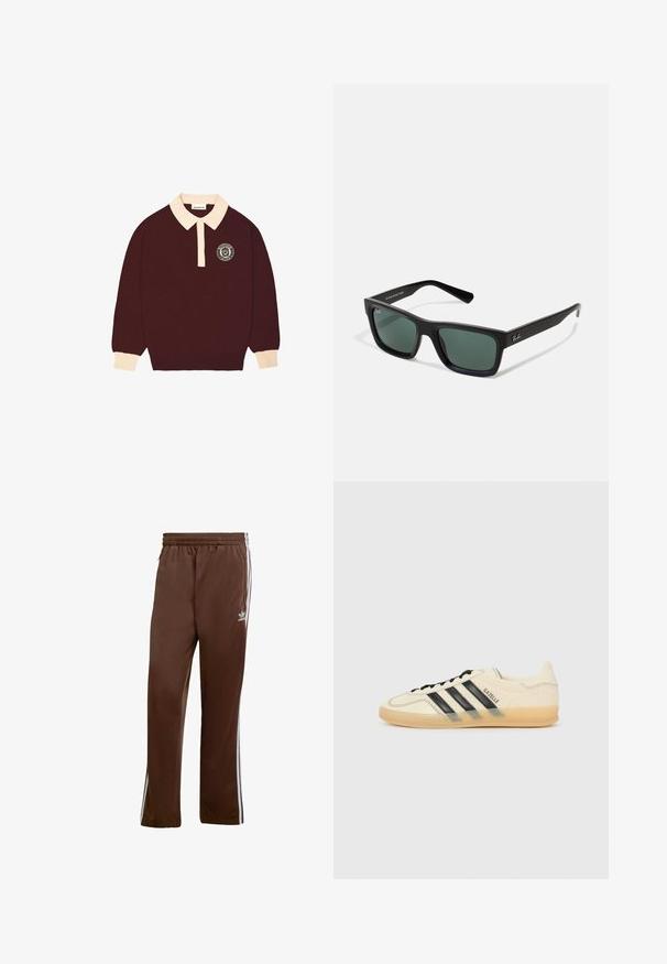 Tamsiai raudonas ilgomis rankovėmis polo marškinėliai su grietinėlės spalvos apykakle ir rankogaliais, mygtukų užsegimas ir apvalus "Prohibited Berlin" logotipas kairiajame krūtinės šone.; Rudos sportiniai kelnių pagaminti iš sklandaus audinio, su baltais šoninėmis juostelėmis ir elastingu liemeniu. Su kišenėmis abiejose pusėse.; Šviesiai kreminiai sportbačiai su juodu trikampiu dizainu, tekstūruota viršutinė dalis, apvalus pirštas ir guminiu padu. Yra raišteliai ir ženklas šone.; Juodi stačiakampiai saulės akiniai su žaliais lęšiais, turintys matinį paviršių, tiesias auseles ir Ray-Ban logotipą šone.