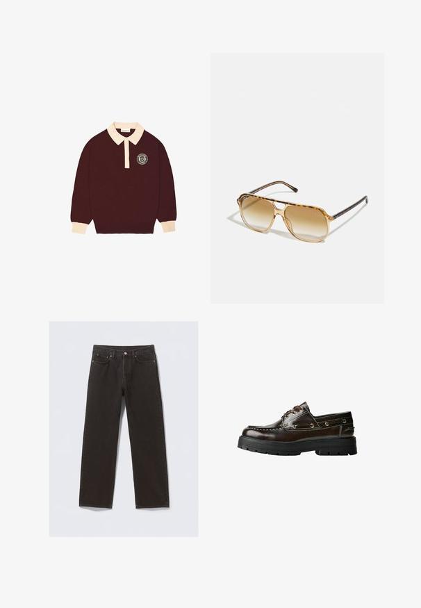 Bordo majica s dugim rukavima i polu-kragnom kremaste boje, s dugmetima na prednjem dijelu i kružnim logom "Prohibited Berlin" na lijevoj strani prsnog koša.; Crne traperice od denima ravnog kroja, s pet džepova i šavovima u boji bakra. Glatkoga su tekstura, klasni kopčanje na struku.; Smeđe kožne brodske cipele s gumiranim potplatom, s detaljima šivanja, metalnim otvorima za vezice i dizajnom na vezanje. Čvrsta, lagana konstrukcija.; Naočale od kornjačevine s pravokutnim okvirom, smeškim gradijentnim staklima i elegantnim crnim drškama s suptilnim logotipom.