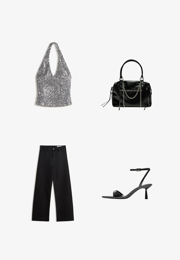 Srebrna halterska bluzica sa šljokicama, dubokim V-izrezom i prilagodljivim strukom, dizajnirana za svečane ili večernje prilike.; Crne široke traperice s visokim strukom, s prednjim i stražnjim džepovima, šivenim šavovima i kopčanjem na gumb. Glatka tekstura.; Bershka Sandale s visokom petom - black; Bershka WITH CHAIN - Ručna torba - black
