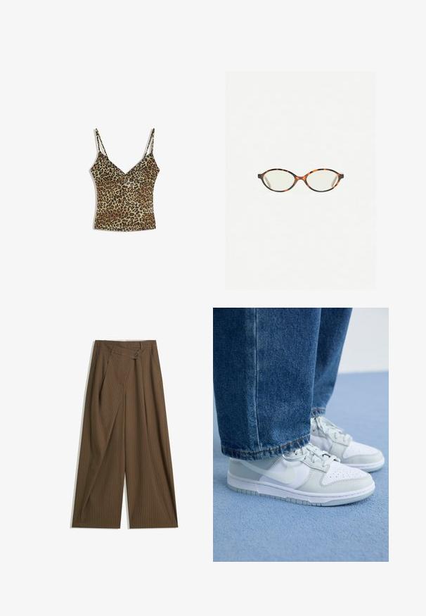 Camisole s leopardím vzorom s tenkými nastaviteľnými ramienkami, v-dezignom, vyrobená z hladkej tkaniny, s kombináciou béžovej, hnedej a čiernej farby.; Hnedé široké nohavice s tenkými bielymi prúžkami, vysoký pás, predné zapínanie na gombík a preklápanie na prednej strane.; Nike tenisky v bielej a svetlošedej koži s perforovanou špičkou, plochými šnúrkami a gumovou podrážkou, spárované s modrými džínami.; Korytnačkové okuliare s oválnymi šošovkami a hladkým, lesklým povrchom. Majú tenké strany s jemným zakrivením na spánkoch. Priehľadné šošovky.