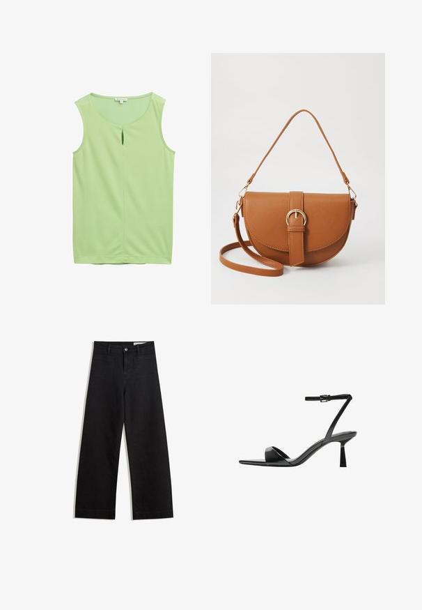 Ljusgrön ärmlös topp med rundad halsringning och en liten nyckelhålssyn. Slät tyg, rak skärning och inga synliga mönster eller detaljer.; Svarta vida denimbyxor med hög midja, med fram- och bakfickor, sydda sömmar och knappstängning. Slät textur.; Bershka Sandaletter - black; Brun läder crossbody-väska med en böjd form, gyllene detaljer och en spänneaccent. Har en avtagbar axelrem.