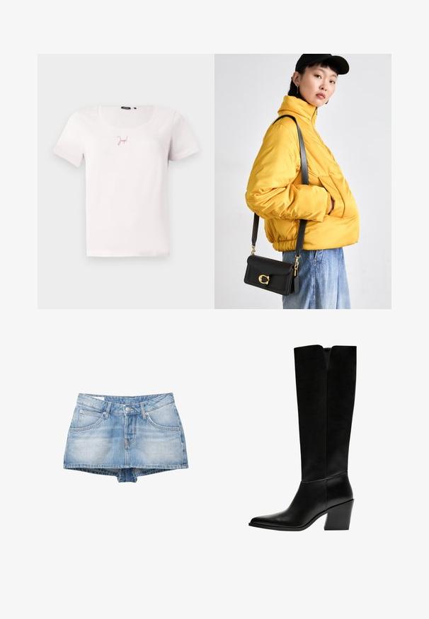 Hvid kortærmet T-shirt med rund halsudskæring og lille "Joop!"-logo i lys rosa centreret på brystet, vist på en ensfarvet baggrund.; Lædershorts i lys blå med en falmet vask. Har fem lommer og en frontknaplukning. Klassisk snit med lige kant.; Sorte knæhøje støvler lavet af glat læder, med spids tå, blokhæl og en V-formet udskæring foroven.; Gul polstret jakke med høj krave og frontlomme, parret med en sort crossover-taske med guldfarvet hardware. Casual denim bukser.
