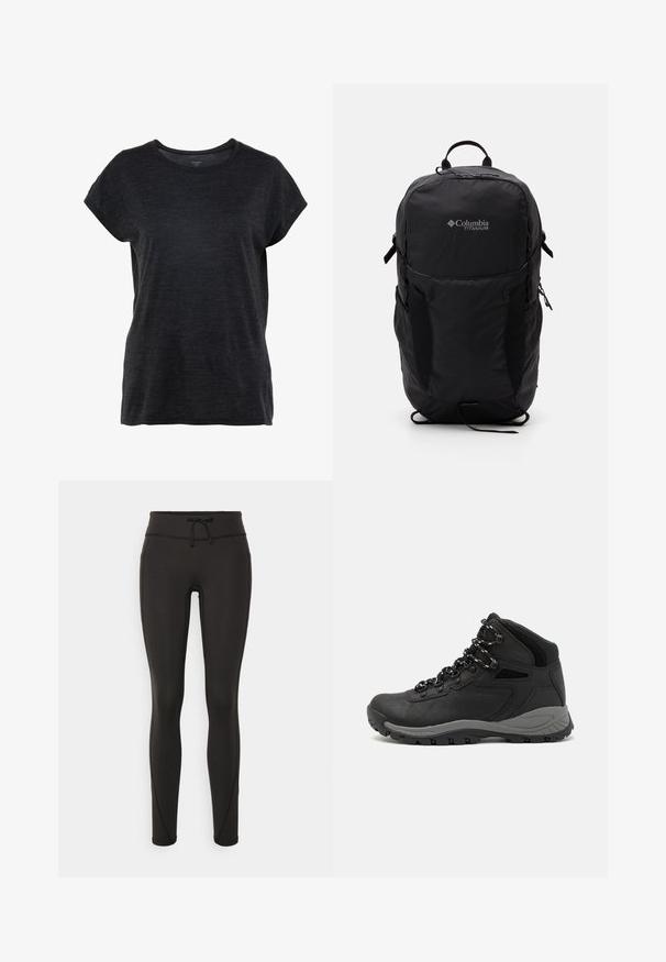 Camiseta de manga corta gris oscuro con cuello redondo y un ajuste relajado. La tela tiene un aspecto suave y texturizado.; Leggings negros con cintura alta, cordón, textura suave y diseño ajustado. Presenta detalles de costura a lo largo de los laterales.; Bota de senderismo negra con un diseño de medio caña, que cuenta con una parte superior texturizada, acentos grises y una suela de goma duradera con tacos de tracción.; Mochila Columbia Titanium negra con una textura de tela suave, bolsillos laterales, asa superior y correas ajustables. Diseño minimalista con una marca sutil.