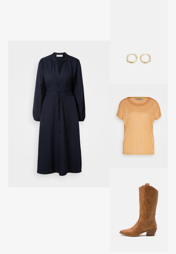 Tričko s krátkým rukávem a kulatým výstřihem z třpytivého zlatohnědého materiálu. Měkká textura s volným střihem a ohrnutými detaily rukávů.; Námořnickě modré šaty s vertikálními proužky, dlouhými rukávy, plisovaným výstřihem a opásaným pasem. Obsahují dvě přední kapsy.; Hnědé kožené kovbojské boty s špičatou špičkou, vyšívanými spirálovými vzory na štítech a s blokovým podpatkem. Obsahují poutko pro snadné obouvání.; Černá kožená kabelka s velkým otevřeným vrchem a jedním ramenním popruhem. Měkká textura, minimalistický design, s jemnými kovovými detaily.; Zlaté kruhové náušnice s texturovaným, nepravidelným tvarem. Disponují bezproblémovým uzávěrem a leštěným povrchem, což zdůrazňuje moderní design.