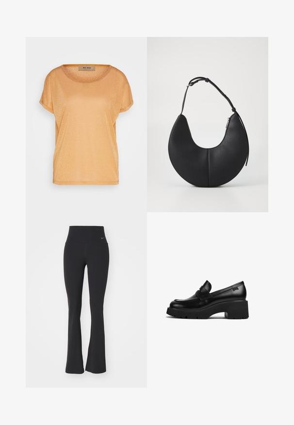 Lühikeste varrukatega, ümarate kaelustega T-särk säravas kuld-oranžis kangas. Pehme tekstuur ja vabalt langev lõige koos rullitud varrukate detailidega.; Mustad kõrge vöökohaga jooga püksid, valmistatud venivast kangast. Omavad laienevat disaini ning selja peal on väike Nike logo.; Must musta jalgadega must nahast lohvik, paksu tallaga ja rihmaga ülevalt, kujutatud külgvaates valgel taustal.; Must mustaga kott, millel on poolkuuju kuju, sile pind, üks reguleeritav rihm ja külge tõmmatav lukk.