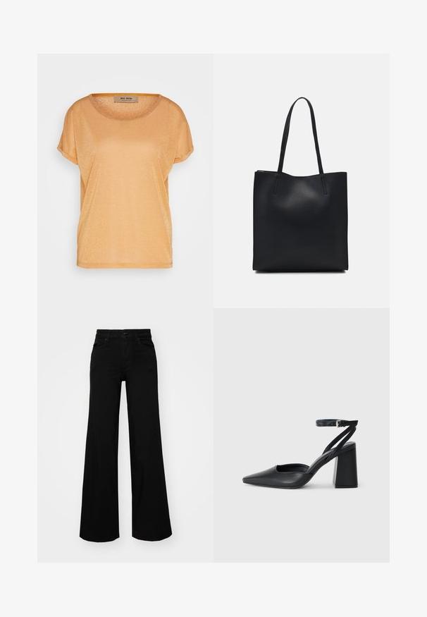 Lühikeste varrukatega, ümarate kaelustega T-särk säravas kuld-oranžis kangas. Pehme tekstuur ja vabalt langev lõige koos rullitud varrukate detailidega.; Mustad mustad püksid, mis on valmistatud denimist, struktuurse vöökohtade, vöökootidega ja esikottidega. Sile tekstuur klassikalise disainiga.; Mustmustest must-käigukingad, millel on konksuga nöör ja paks konts. Ühtlane tekstuur, stiilne disain ja minimalistlik esteetika.; Mustast nahast kott sujuva tekstuuriga, ristkülikukujuline ja kahe pika sangaga. Pole nähtavat riistvara ega kaunistusi.