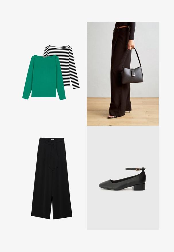 Twee longsleeve tops: één effen groene katoen en één zwart-wit gestreepte katoen, met brede halsen en ronde hems.; Zwarte wijde broek van textuurstof, met een elastische tailleband en een afneembare sjaalstrik in de taille voor een verstelbare pasvorm.; Zwarte leren pump met een spitse neus en een lage blokhak. Beschikt over een enkelband met een goudkleurige gespsluiting. Gladde textuur.; Zwarte handtas met gestructureerde vorm, gladde textuur en een metalen sluiting. Gecombineerd met brede zwarte broeken en sandalen met open teen op een houten vloer.