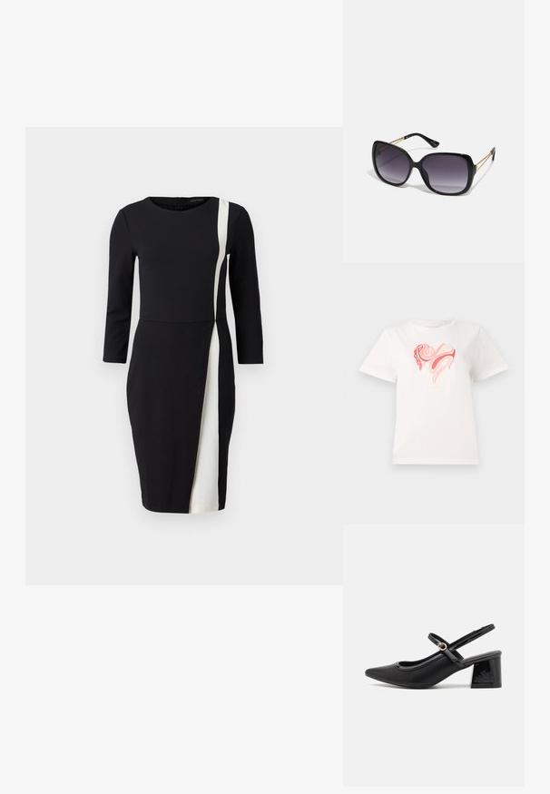 Bela bomba majica iz bombaža z grafiko srca v odtenkih roza in korala, s spirali abstraktnih vzorcev v središču. Kratke rokave, krožni ovratnik.; Črna obleka s tremi četrtinami rokavov, ki ima belo diagonalno črto. Narejena iz gladkega materiala, z oprijetim pasom in dolžino do kolen.; Črne patentne usnjene salonarce s slingback obliko, s koničastim nosom, zaobljenim izrezom in blok peto. Imajo zlato kovinsko zaponko kot dodatno okrasje.; Črne prevelike sončne očala z degradacijskimi lečami, debelimi okvirji in zlatimi verižicami na ročajih.; Črna torba iz sintetičnega materiala, preproste pravokotne oblike, z zlatimi kvadratnimi detajli in dvojnih ročajem.
